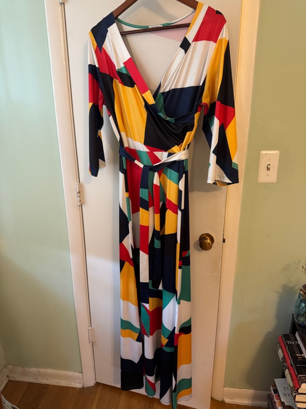 Multi-Color Geometric Wrap Maxi Dress with Self-Tie Waist